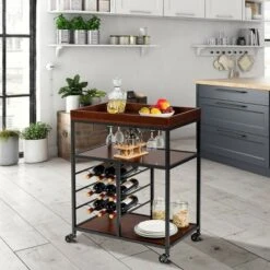 Costway 3 Tier Kitchen Trolley Utility Cart W/Wine Rack & Glass Holder