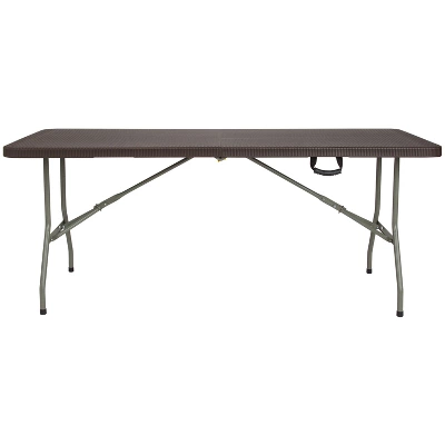 Emma And Oliver 6-Foot Bi-Fold Brown Rattan Plastic Folding Table With Handle - Event Table 4 Emma And Oliver 6-Foot Bi-Fold Brown Rattan Plastic Folding Table With Handle - Event Table - Image 4