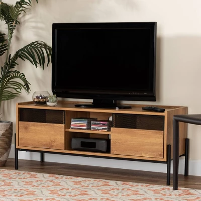 Tasman Wood And Metal 2 Door TV Stand For TVs Up To 45" Natural Brown/Black - Baxton Studio 7 Tasman Wood And Metal 2 Door TV Stand For TVs Up To 45" Natural Brown/Black - Baxton Studio - Image 7