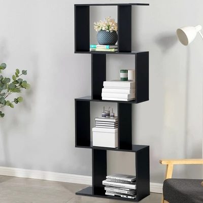 Costway 4-tier S-Shaped Bookcase Free Standing Storage Rack Wooden Display Decor Black 2 Costway 4-tier S-Shaped Bookcase Free Standing Storage Rack Wooden Display Decor Black - Image 2