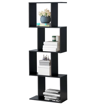 Costway 4-tier S-Shaped Bookcase Free Standing Storage Rack Wooden Display Decor Black 5 Costway 4-tier S-Shaped Bookcase Free Standing Storage Rack Wooden Display Decor Black - Image 5