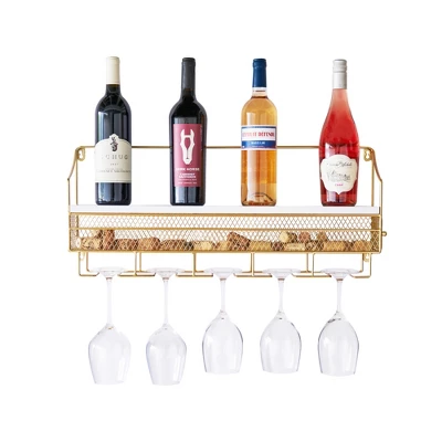 Twine Gold Wall Mounted Wine Rack, Holds 8 Standard Wine Bottles, Wood And Cast Iron, Cork Storage, Holds 5 Wine Glasses, Gold Finish 3 Twine Gold Wall Mounted Wine Rack, Holds 8 Standard Wine Bottles, Wood And Cast Iron, Cork Storage, Holds 5 Wine Glasses, Gold Finish - Image 3