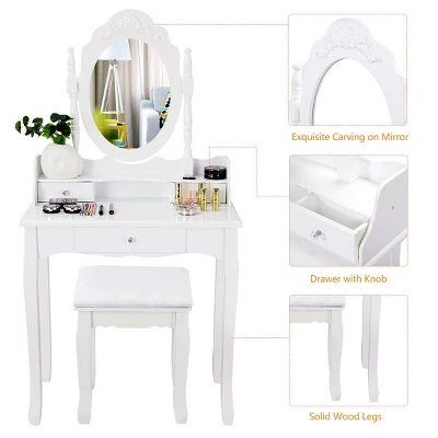 Costway White Vanity Wood Makeup Dressing Table Stool 3 Drawer 5 Costway White Vanity Wood Makeup Dressing Table Stool 3 Drawer - Image 5