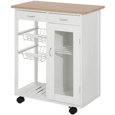 HOMCOM 28" Rolling Kitchen Trolley Serving Cart Storage Cabinet Bamboo Top With Wire Basket & Door Cabinet & Drawers, White 3 HOMCOM 28" Rolling Kitchen Trolley Serving Cart Storage Cabinet Bamboo Top With Wire Basket & Door Cabinet & Drawers, White - Image 3