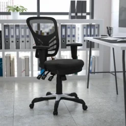 Emma And Oliver Mid-Back Black Mesh Multifunction Ergonomic Office Chair With Adjustable Arms