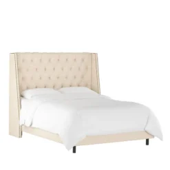 King Arlette Nail Button Tufted Wingback Bed In Textured Linen Cream - Skyline Furniture