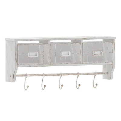 Emma And Oliver Rustic Country Wall Mounted Shelf With 5 Adjustable Sliding Hooks And Three Wire Storage Baskets 13 Emma And Oliver Rustic Country Wall Mounted Shelf With 5 Adjustable Sliding Hooks And Three Wire Storage Baskets - Image 13