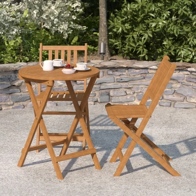 Merrick Lane Three Piece Solid Acacia Wood Folding Patio Bistro Set With Lightweight Round Table And Two Chairs, Natural 5 Merrick Lane Three Piece Solid Acacia Wood Folding Patio Bistro Set With Lightweight Round Table And Two Chairs, Natural - Image 5