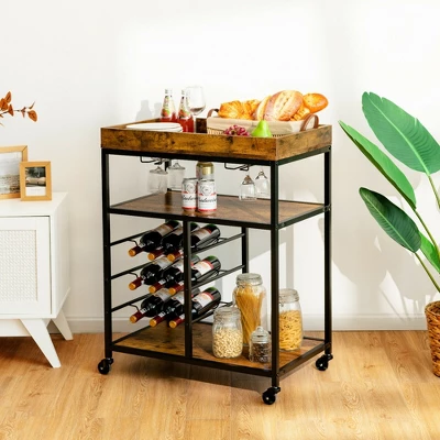 Costway 3-Tier Rolling Kitchen Cart Utility Trolley W/ Wine Bottle Rack 2 Costway 3-Tier Rolling Kitchen Cart Utility Trolley W/ Wine Bottle Rack - Image 2