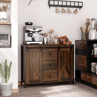 HOMCOM Industrial Farmhouse Buffet Cabinet, Kitchen Sideboard With Sliding Barn Doors, 3 Drawers And Adjustable Shelves For Living Room, Rustic Brown 2 HOMCOM Industrial Farmhouse Buffet Cabinet, Kitchen Sideboard With Sliding Barn Doors, 3 Drawers And Adjustable Shelves For Living Room, Rustic Brown - Image 2