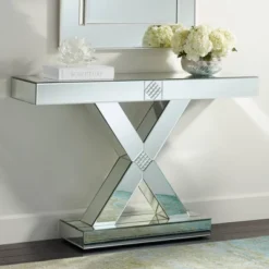 Studio 55D Modern Mirrored Rectangular Console Table 46 1/2" X 13" Silver Glass Mosaic X-Frame For Living Room Home House Entryway