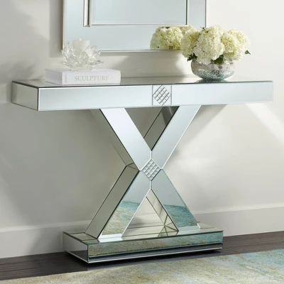 Studio 55D Modern Mirrored Rectangular Console Table 46 1/2" X 13" Silver Glass Mosaic X-Frame For Living Room Home House Entryway 1 Studio 55D Modern Mirrored Rectangular Console Table 46 1/2" X 13" Silver Glass Mosaic X-Frame For Living Room Home House Entryway