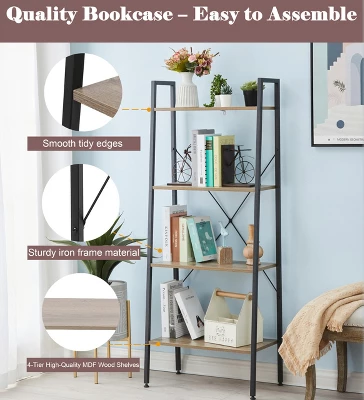 LuxenHome 4-Shelf 58.3" X 23.62" W Wood And Metal Ladder Bookcase. 3 LuxenHome 4-Shelf 58.3" X 23.62" W Wood And Metal Ladder Bookcase. - Image 3