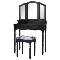 Costway Black Tri Folding Mirror Vanity Makeup Table Stool 4 Drawers -Furniture Haven Shop GUEST 39562062 af63 430d 8a0b 6b31958a8f42