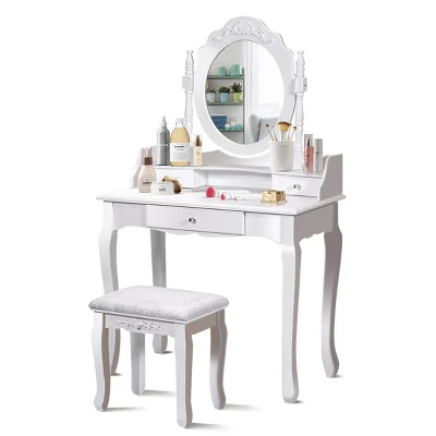 Costway White Vanity Wood Makeup Dressing Table Stool 3 Drawer 6 Costway White Vanity Wood Makeup Dressing Table Stool 3 Drawer - Image 6