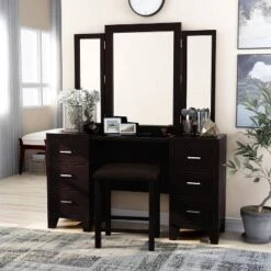 3pc Scrugham Contemporary 6 Drawer Vanity With Barstool Espresso - MiBasics