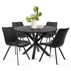 Oliver+Kourtney 5-Piece Solid Black Round Dining Table Set With Faux Leather Dining Chairs Set Of 4 With Black Legs-The Pop Maison