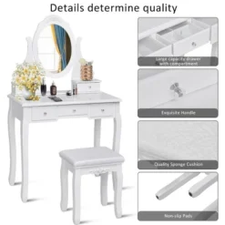 Costway Bedroom Wooden Mirrored Makeup Vanity Set Stool Table Set White 5 Drawers -Furniture Haven Shop GUEST 3fff0dde c4e8 4ba9 87b6 0bb55b386dc0