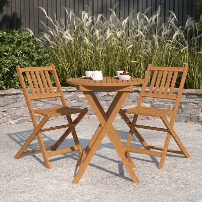Merrick Lane Three Piece Solid Acacia Wood Folding Patio Bistro Set With Lightweight Round Table And Two Chairs, Natural 1 Merrick Lane Three Piece Solid Acacia Wood Folding Patio Bistro Set With Lightweight Round Table And Two Chairs, Natural