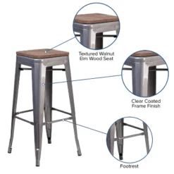 Merrick Lane Set Of 4 30 Inch Tall Clear Coated Gray Metal Bar Counter Stool With Textured Walnut Elm Wood Seat -Furniture Haven Shop GUEST 472b5843 057f 4b7c b894 a5ee06c82b11