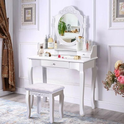 Costway White Vanity Wood Makeup Dressing Table Stool 3 Drawer 2 Costway White Vanity Wood Makeup Dressing Table Stool 3 Drawer - Image 2