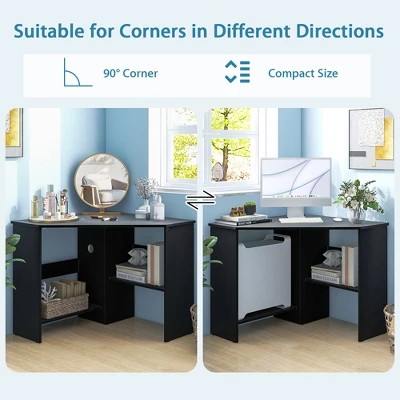 Costway Corner Computer Desk Triangle Writing Workstation W/ Storage Shelf WhiteBlack 6 Costway Corner Computer Desk Triangle Writing Workstation W/ Storage Shelf WhiteBlack - Image 6