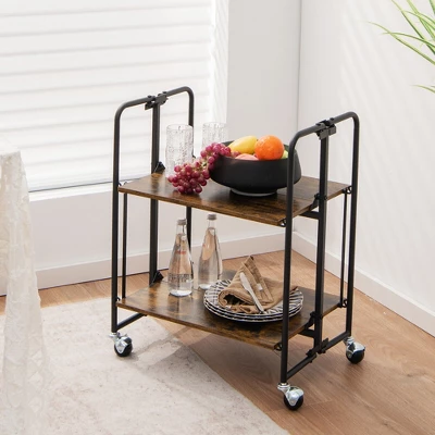 Tangkula 2-Tier Folding Bar Cart Kitchen Serving Island Utility Cart Storage Shelves 2 Tangkula 2-Tier Folding Bar Cart Kitchen Serving Island Utility Cart Storage Shelves - Image 2