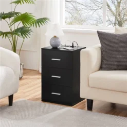 Yaheetech Tall Bedside Table End Table With Charging Station, Black