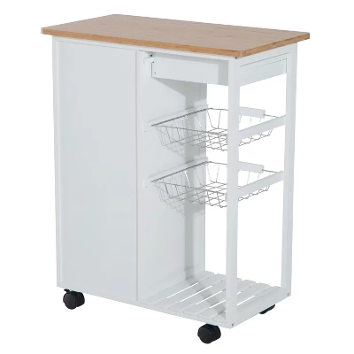 HOMCOM 28" Rolling Kitchen Trolley Serving Cart Storage Cabinet Bamboo Top With Wire Basket & Door Cabinet & Drawers, White 6 HOMCOM 28" Rolling Kitchen Trolley Serving Cart Storage Cabinet Bamboo Top With Wire Basket & Door Cabinet & Drawers, White - Image 6