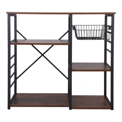 Wood And Metal Bakers Rack With 4 Shelves And Wire Basket Brown/Black - Benzara 1 Wood And Metal Bakers Rack With 4 Shelves And Wire Basket Brown/Black - Benzara