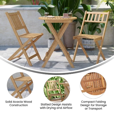 Merrick Lane Three Piece Solid Acacia Wood Folding Patio Bistro Set With Lightweight Round Table And Two Chairs, Natural 7 Merrick Lane Three Piece Solid Acacia Wood Folding Patio Bistro Set With Lightweight Round Table And Two Chairs, Natural - Image 7