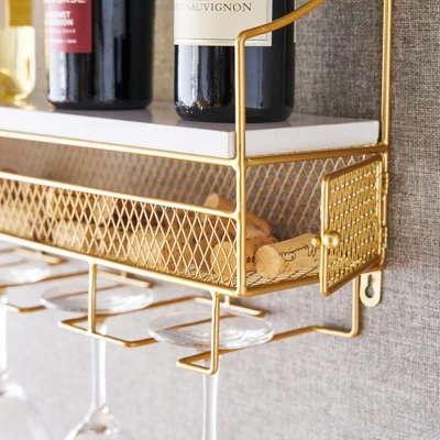 Twine Gold Wall Mounted Wine Rack, Holds 8 Standard Wine Bottles, Wood And Cast Iron, Cork Storage, Holds 5 Wine Glasses, Gold Finish 2 Twine Gold Wall Mounted Wine Rack, Holds 8 Standard Wine Bottles, Wood And Cast Iron, Cork Storage, Holds 5 Wine Glasses, Gold Finish - Image 2