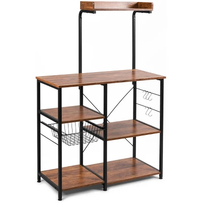 Costway 4-Tier Vintage Kitchen Baker's Rack Utility Microwave Stand W/ Basket & 5 Hooks 9 Costway 4-Tier Vintage Kitchen Baker's Rack Utility Microwave Stand W/ Basket & 5 Hooks - Image 9