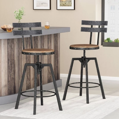 Set Of 2 Alanis Modern Industrial Firwood Adjustable Height Swivel Barstools Natural/Black Brushed Silver - Christopher Knight Home 1 Set Of 2 Alanis Modern Industrial Firwood Adjustable Height Swivel Barstools Natural/Black Brushed Silver - Christopher Knight Home