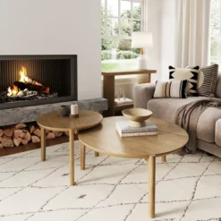 2pc Kendall Wood Round Nesting Coffee Table Set Brushed Light Brown - Nathan James