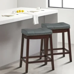 Costway Set Of 2 Nailhead Saddle Bar Stools 24'' Counter Stools Brown/White With Grey Cushion 11 Costway Set Of 2 Nailhead Saddle Bar Stools 24'' Counter Stools Brown/White With Grey Cushion -Furniture Haven Shop GUEST 6c0b33d6 22b5 4b2e 9bf3 39cdefa8af15