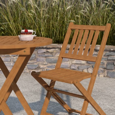 Merrick Lane Three Piece Solid Acacia Wood Folding Patio Bistro Set With Lightweight Round Table And Two Chairs, Natural 6 Merrick Lane Three Piece Solid Acacia Wood Folding Patio Bistro Set With Lightweight Round Table And Two Chairs, Natural - Image 6