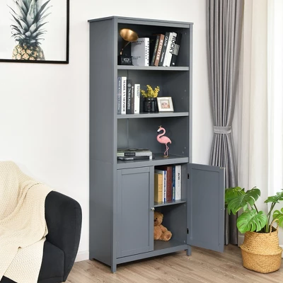 Costway Bookcase Shelving Storage Wooden Cabinet Unit Standing Bookcase W/Doors Gray 2 Costway Bookcase Shelving Storage Wooden Cabinet Unit Standing Bookcase W/Doors Gray - Image 2