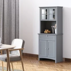 HOMCOM Kitchen Buffet Hutch Wooden Storage Cabinet With Framed Glass Door, Drawer And Microwave Space