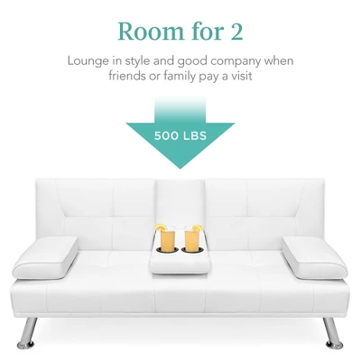 Best Choice Products Modern Faux Leather Convertible Futon Sofa W/ Removable Armrests, Metal Legs, 2 Cupholders - White 2 Best Choice Products Modern Faux Leather Convertible Futon Sofa W/ Removable Armrests, Metal Legs, 2 Cupholders - White - Image 2
