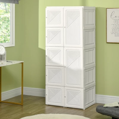 HOMCOM Portable Wardrobe Closet, Folding Bedroom Armoire, Clothes Storage Organizer With Cube Compartments, Hanging Rod, Magnet Doors, White 1 HOMCOM Portable Wardrobe Closet, Folding Bedroom Armoire, Clothes Storage Organizer With Cube Compartments, Hanging Rod, Magnet Doors, White