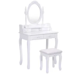 Tangkula Oval Mirror 4 Drawer Vanity Mirror Makeup Table W/ Cushioned Stool White -Furniture Haven Shop GUEST 7a5106dd fedd 4ad4 ac42 fea0b8a3c62d