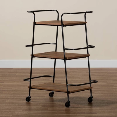 Small Bernard Rustic Industrial Metal And Wood 3 Tier Mobile Wine Bar Cart Black/Walnut - Baxton Studio 9 Small Bernard Rustic Industrial Metal And Wood 3 Tier Mobile Wine Bar Cart Black/Walnut - Baxton Studio - Image 9