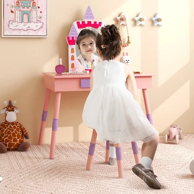 Costway Kids Vanity Set Princess Makeup Pretend Play Dressing Mirror Castle Girls Pink 3 Costway Kids Vanity Set Princess Makeup Pretend Play Dressing Mirror Castle Girls Pink - Image 3