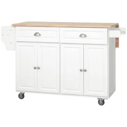 HOMCOM Rolling Kitchen Island On Wheels Utility Cart With Drop-Leaf And Rubber Wood Countertop, Storage Drawers, Door Cabinets, White -Furniture Haven Shop GUEST 7e6b59ea 8d3e 47af a9ee 177154526608