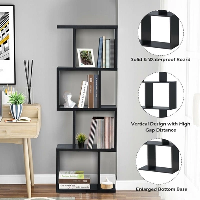 Costway 4-tier S-Shaped Bookcase Free Standing Storage Rack Wooden Display Decor Black 9 Costway 4-tier S-Shaped Bookcase Free Standing Storage Rack Wooden Display Decor Black - Image 9