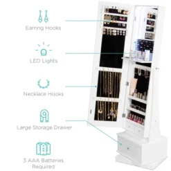 Best Choice Products 360 Swivel Standing Mirrored Jewelry Cabinet, LED-Lit Makeup Organizer W/ Mirror - White 9 Best Choice Products 360 Swivel Standing Mirrored Jewelry Cabinet, LED-Lit Makeup Organizer W/ Mirror - White -Furniture Haven Shop GUEST 8101c648 c246 41fe a99d 84d5be6ee48a