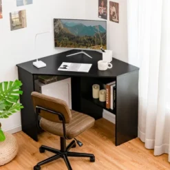 Costway Corner Computer Desk Triangle Writing Workstation W/ Storage Shelf WhiteBlack