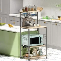 Bestier 4 Tier Shelves Portable Utility Kitchen Storage Baker's Rack Organizer Cart Stand With Adjustable Wheels And Side Hooks, 49 Inch, Oak -Furniture Haven Shop GUEST 813e332a dd06 41fd 85ac 9c39ccb6bbe5