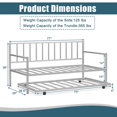 Costway Twin Metal Daybed With Roll Out Trundle Heavy Duty Frame Sofa Bed Set 4 Costway Twin Metal Daybed With Roll Out Trundle Heavy Duty Frame Sofa Bed Set - Image 4